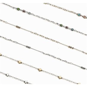 Capri series chains with metal pearls/beads + tray + case, 6 pcs