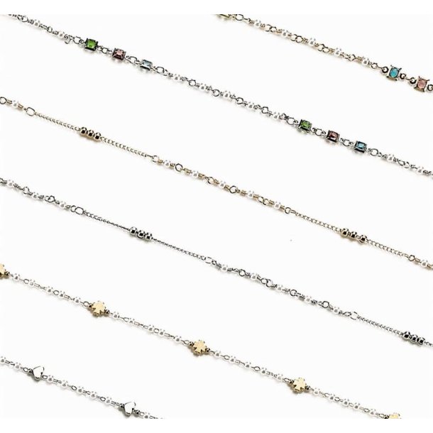 Capri series chains with metal pearls/beads + tray + case, 6 pcs