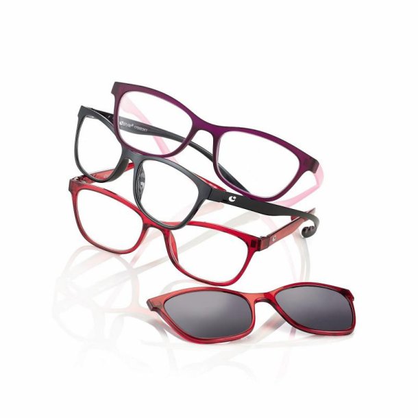 +1.00 shinyred read.glasses with magnetic clip-on greylenses