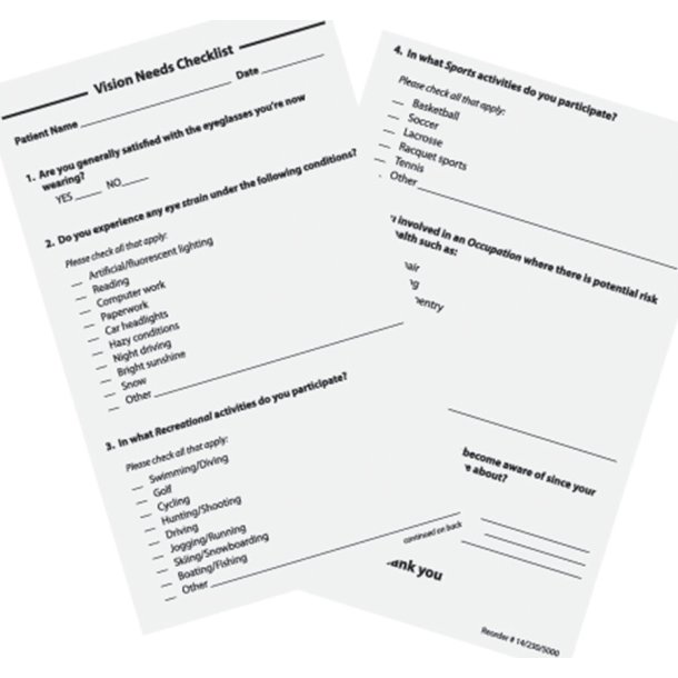 VPP VISION NEEDS CHECKLIST 50 COUNT PAD